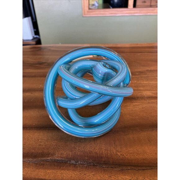 Teal Blue Hand Blown Glass Knot Sculpture Contemporary Abstract 5” - Picture 1 of 8